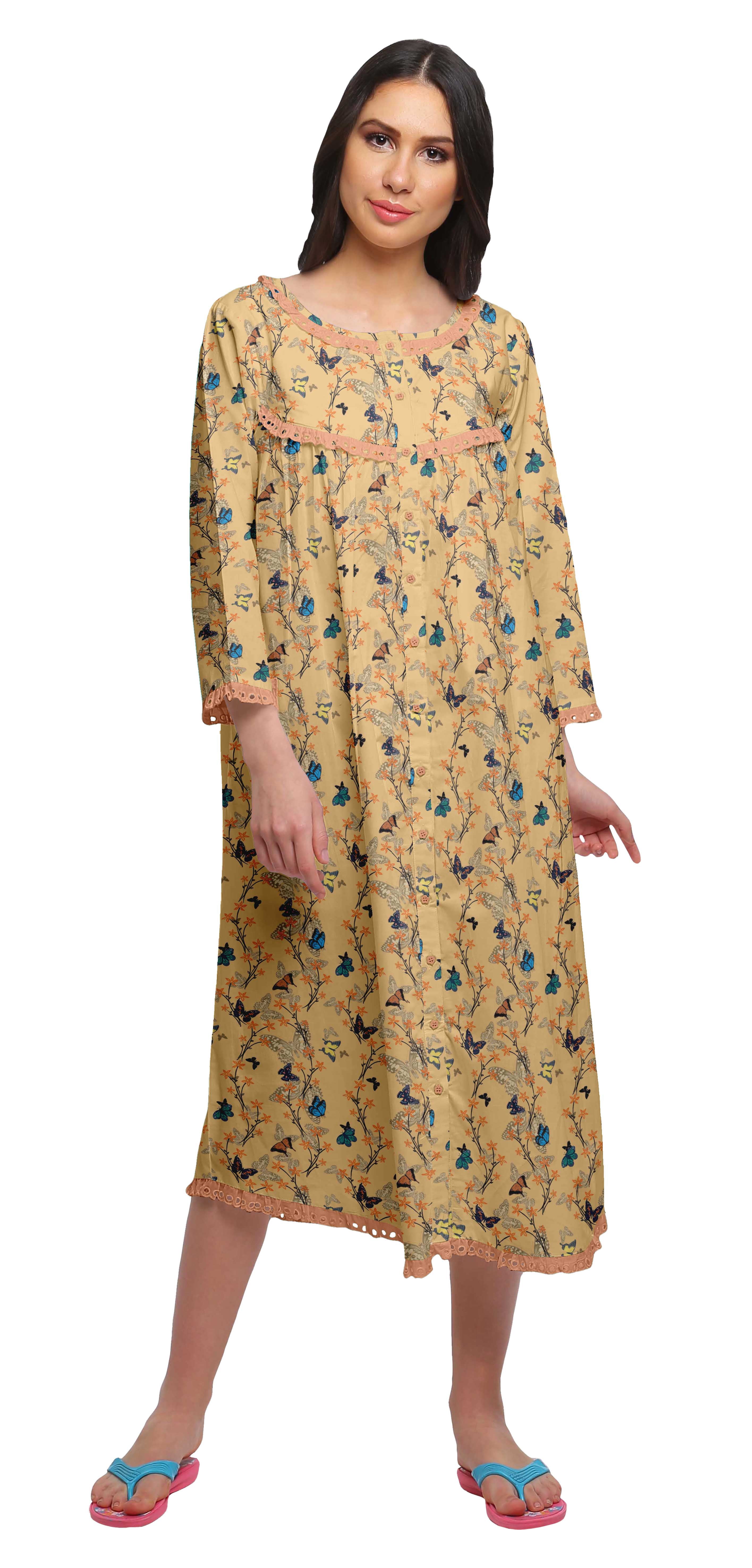 Moomaya Robe de Nuit Imprimée Longueur Genou en Coton avec Bordure en Dentelle Manches 3/4 pour Femmes
