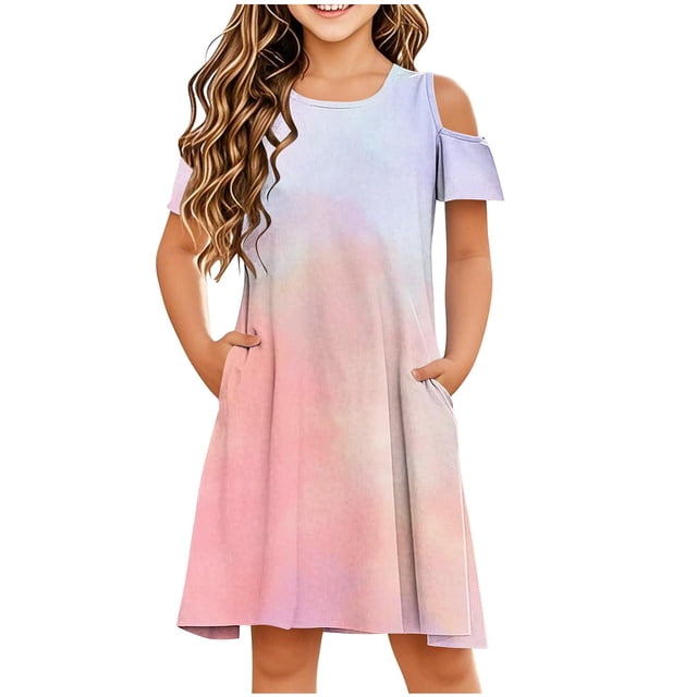 Économies de Printemps/été! HVOBTTY Robe Confortable à Manches Courtes pour Fille, Robe Quotidienne Sans Manches Extensible, Robe Trapèze Tournoyante, Patineuse, Récital d'École, Robe à Manches Courtes à Col Rond, Rose, 5 Ans