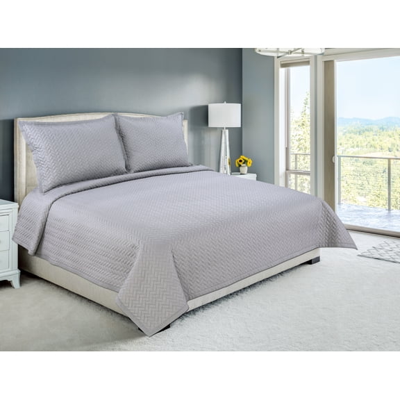 Marina Decoration Embroidered Stitching Coverlet Bedspread Ultra Soft Solid Bedding Summer Quilt Set with Quilted Sham, Silver Herringbone Pattern