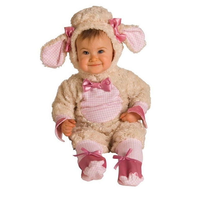 Lucky Lil' Lamb Costume pour Bébé Comprenant une Combinaison Crème en Peluche avec Tissu Vichy Rose et Blanc sur le Ventre, les Pieds et les Poignets, plus une Coiffe Assortie avec des Oreilles Tombantes et des Nœuds Roses, Conçu pour les Bébés de 6 à 12 Mois et Adapté aux Rassemblements du Printemps Ou à Thème Ferme.