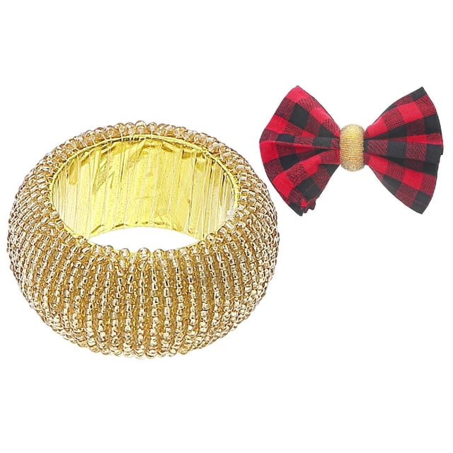 Gold Beaded Napkin Ring - Set of 6 showing a close-up of a gold glass beaded napkin ring with small beads arranged in rows on a metal ring, designed to hold napkins securely on a dining table, suitable for formal and casual table linens.