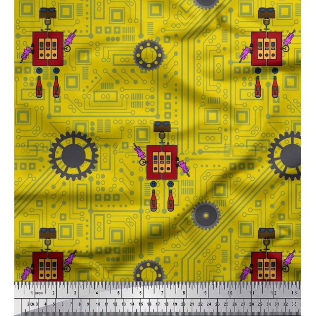 Soimoi Yellow Poly Georgette Fabric Cartoon Machine & Gear Parts Hardware Printed Craft Fabric by the Yard 42 Inch Wide