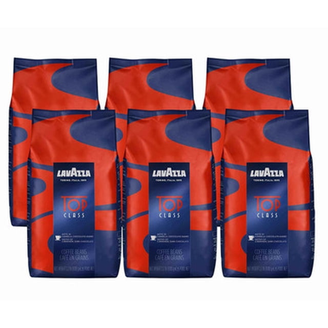 Lavazza TOP CLASS Medium Blend Rich Coffee Beans, 1 Kg / 2.2 Lbs per bag, sold in a case of 6. The image displays six red and blue bags with Lavazza branding, highlighting the premium Italian coffee blend. Perfect for espresso, cappuccinos, and versatile brewing methods, with hints of dark chocolate and cinnamon.