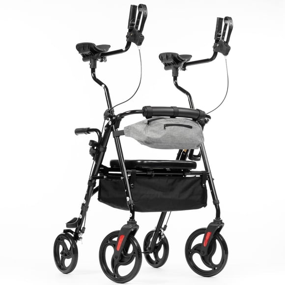 ZENART Déambulateur Rollator Vertical, Déambulateur Debout pour Aînés avec Roues de 10 Pouces, Siège Rembourré en Éponge, Noir
