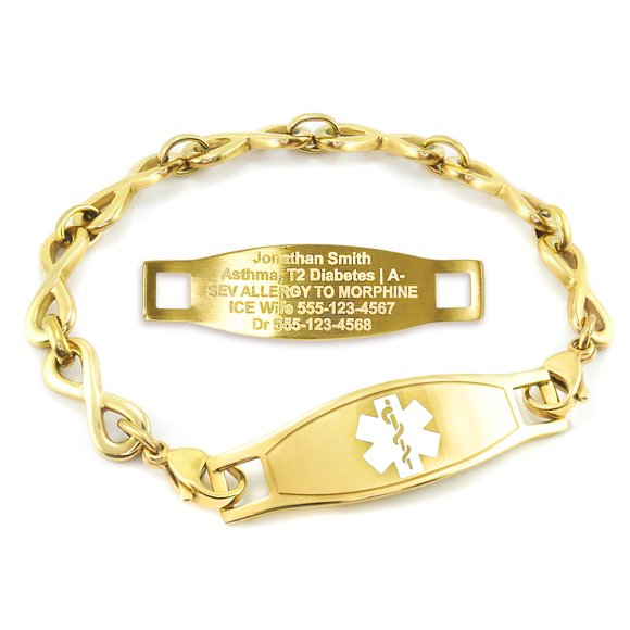 MedicEngraved Yellow Gold Stainless Steel Custom Medical Alert Bracelet - 6mm Infinity Link
