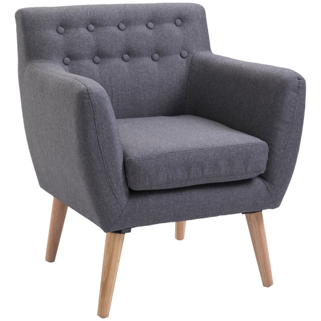 HOMCOM Fauteuil d'Appoint Moderne, Fauteuil club Mi-Siècle avec Revêtement en Lin Gris Pâle, Dossier Capitonné avec Détails de Boutons, Accoudoirs Courbés et Pattes en Chêne Inclinées. Comprend un Coussin en Mousse Détachable avec Housse à Fermeture Éclair pour un Nettoyage Facile. Idéal pour les Salons, les Chambres Ou les Petits Espaces.