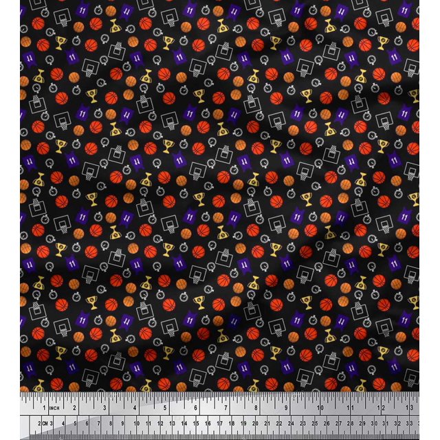 Soimoi Cotton Poplin Fabric Trophy,Timer Clock & Basketball Sports Decor Fabric Printed Yard 42 Inch Wide