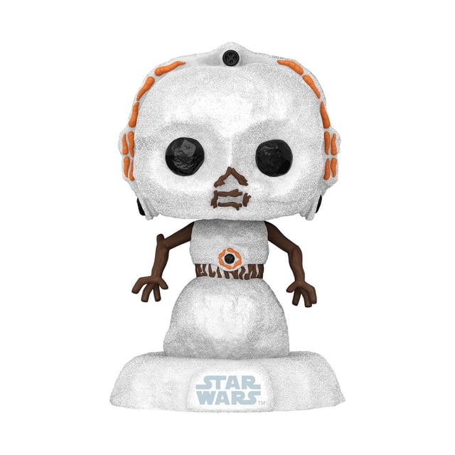 Funko Pop! Star Wars: Holiday - C-3PO Snowman Vinyl Bobblehead is a 4.3-inch tall white snowman figure with black button eyes, orange carrot and twig details on the head and body, brown twig arms, and a Star Wars logo base, suitable for Star Wars fans and holiday decoration.