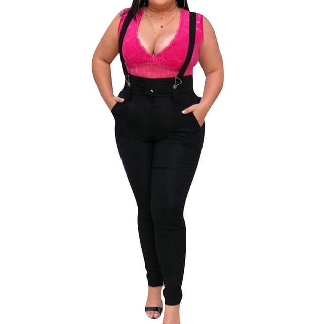 KVMeteor Women's Plus Size Solid Color High Rise Strap Skinny Jeans Denim Pants