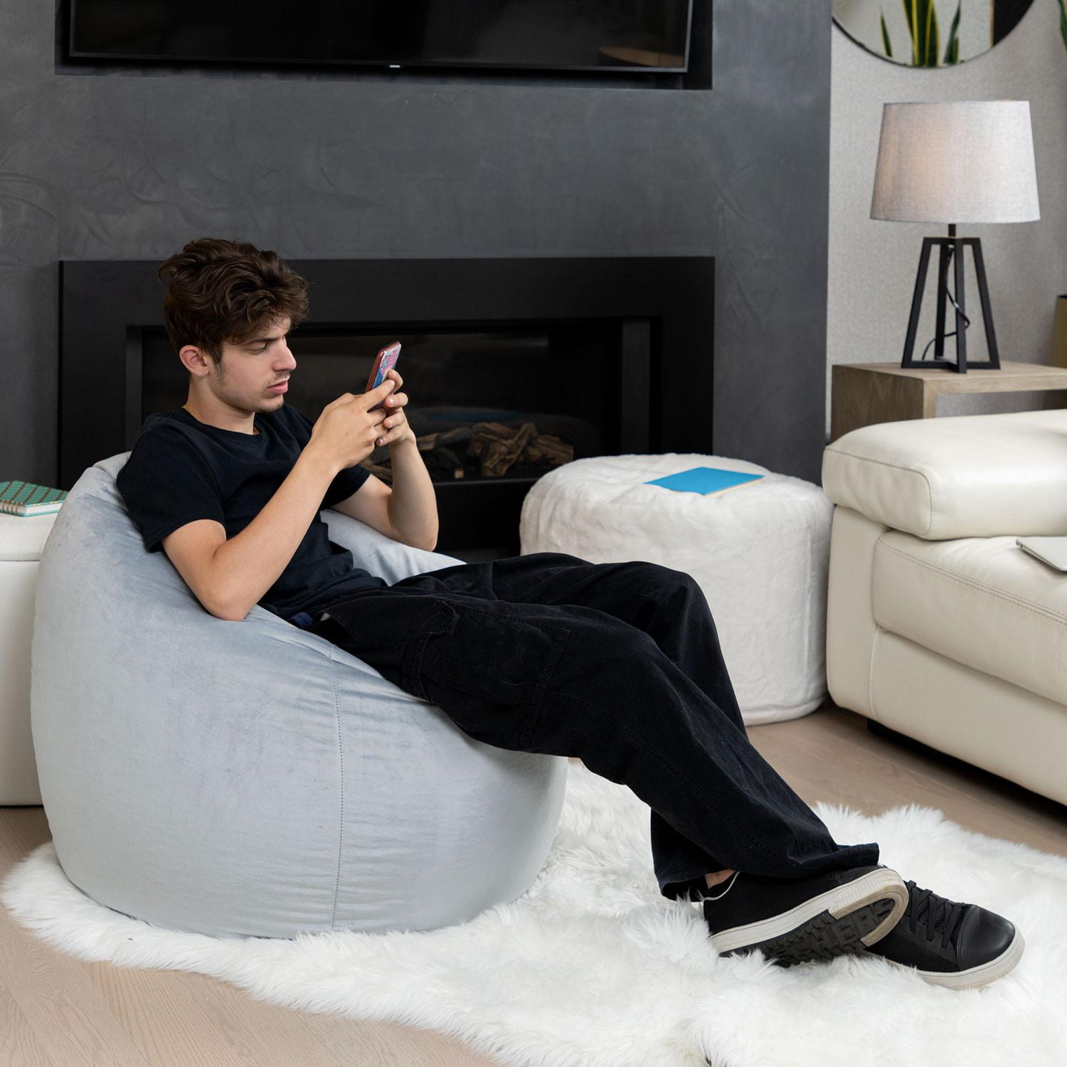Fauteuil poire Gouchee Home Sambre gris – Tissu polyester velours doux avec rembourrage en billes de polystyrène, adapté aux adultes et aux adolescents, siège léger et portable pour dortoir ou salon