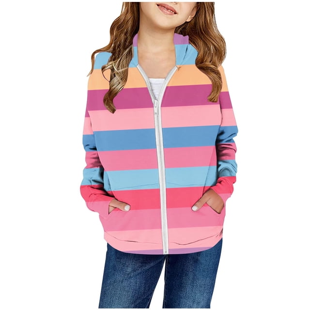 MEZZALL Girls Spring Color Block Print Patch Pocket Zipper Sweatshirt Hooded Cardigan Jacket Versatile Toddler Dailywear, Pink, 5-6 Years