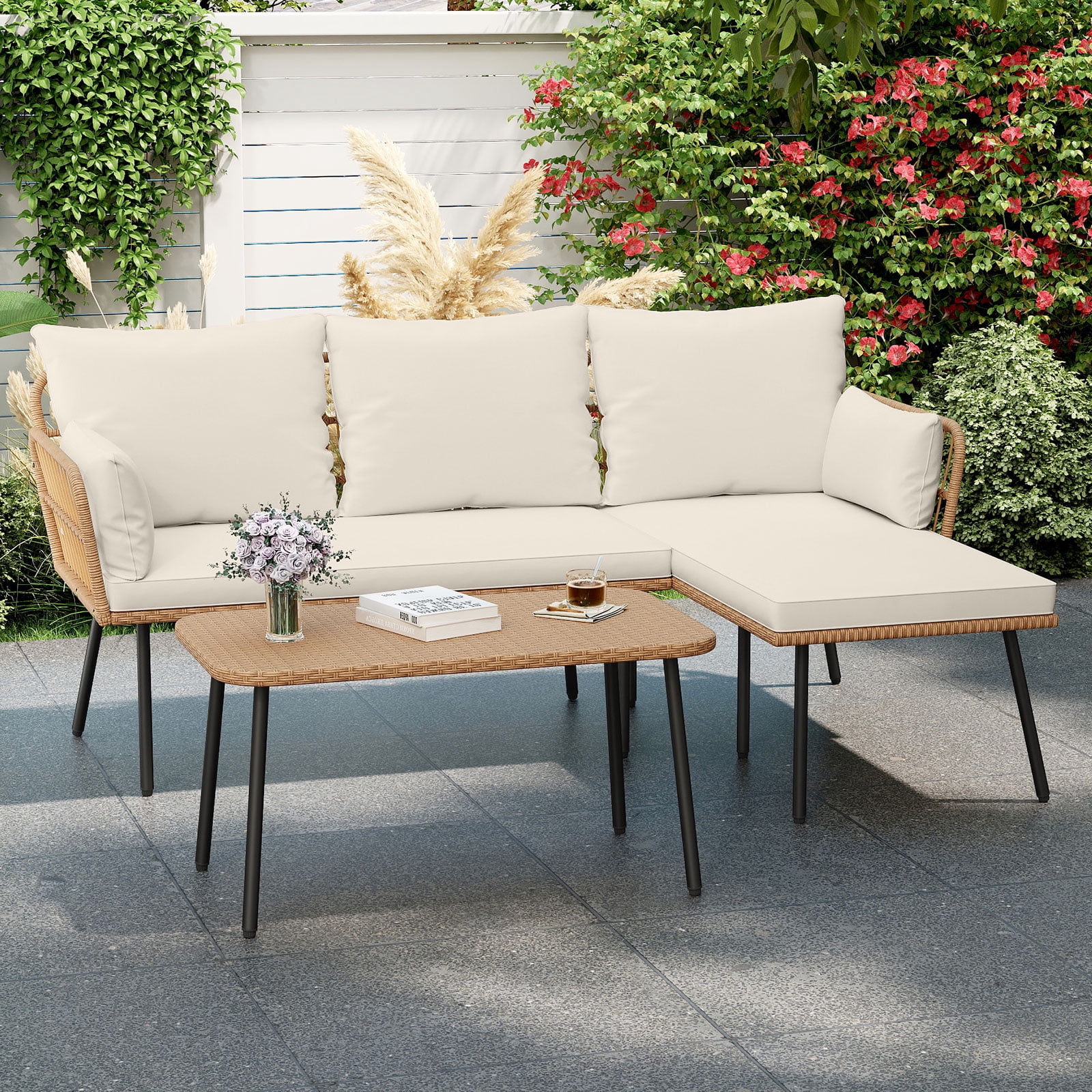 Costway 3 Pieces L-Shaped Patio Furniture Set with Coffee Table, Removable Cushions Light Brown + Beige