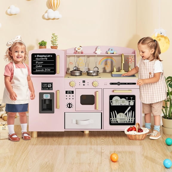 OLAKIDS Kids Kitchen Playset, Toddler Wooden Pretend Cooking Toy Set with Acrylic Drawing Board Ice Machine Dishwasher Cloth Drawer Stove Removable Sink Simulation Play Kitchen for Boys Girls