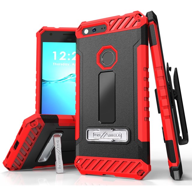 RED BEYOND CELL TRI-SHIELD RUGGED CASE COVER with KICKSTAND + BELT CLIP HOLSTER + LANYARD STRAP + CREDIT CARD POCKET FOR GOOGLE PIXEL XL 5.5"