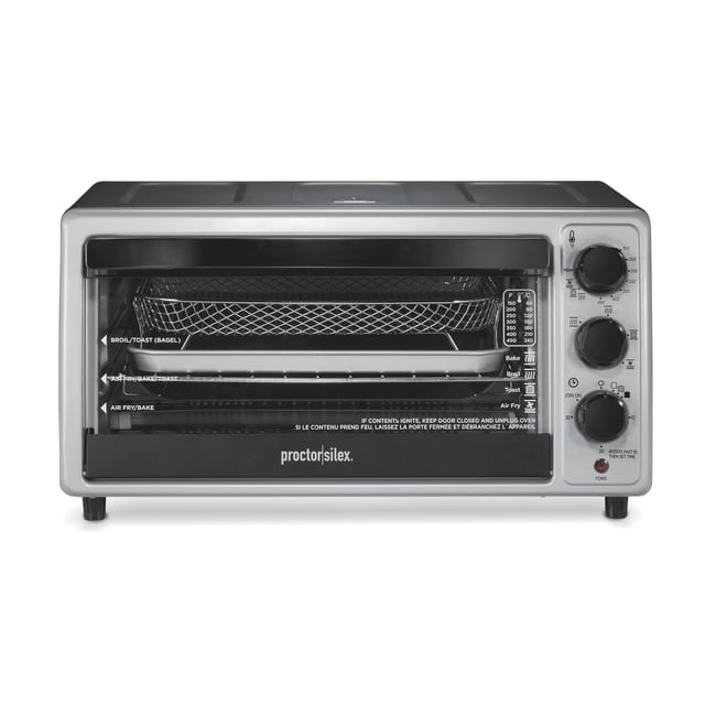 Proctor Silex Four Grille-Pain à Friteuse à Air Chaud Simply-Crisp avec Capacité de 6 Tranches en Argent et Noir, Vue de devant Montrant Porte en Verre avec Panier à Friture à Air en Maille, Moule de Cuisson et Grille à Griller à l'Intérieur, plus Trois Boutons de Contrôle pour la Température, la Fonction et la Minuterie, Convient à une Utilisation Polyvalente en Cuisine avec Petit Appareil.