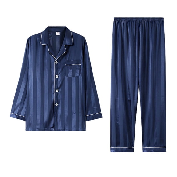 Ccpelsie Mens Button Down Pajamas Set Soft Pj Sets for Men Long Sleeve Pajamas Mens All Seasons Pjs Sets Loungewear(Dark Blue,XL)