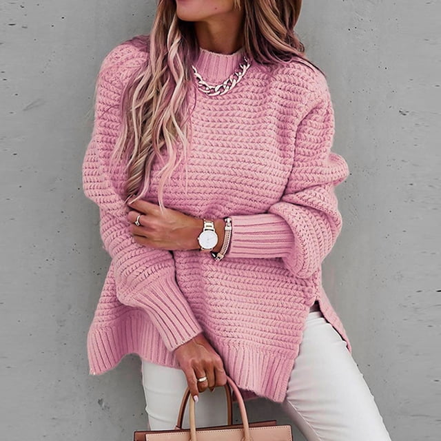 EGNMCR Chandails pour Femmes Mode Femmes Couleur Unie Manches Longues Chandail Décontracté Hauts