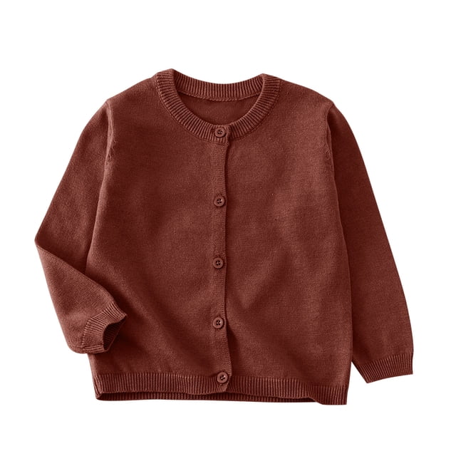 SROBPTY Girls Fall Cardigans, Children's Solid Color Long Sleeve Fleece Knitted Cardigan Round Neck Sweater Brown 4-5 Years