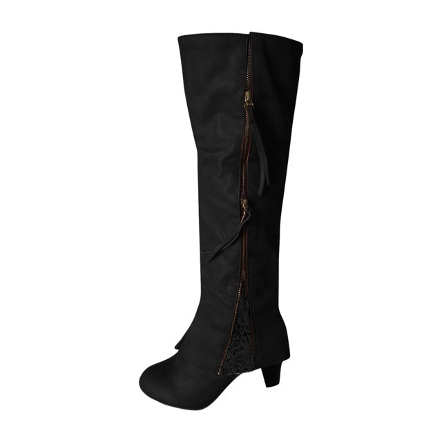 XZNGL Womens Round Toe High Heeled Thick Heeled Double Zipper Lace Stitching High Boots