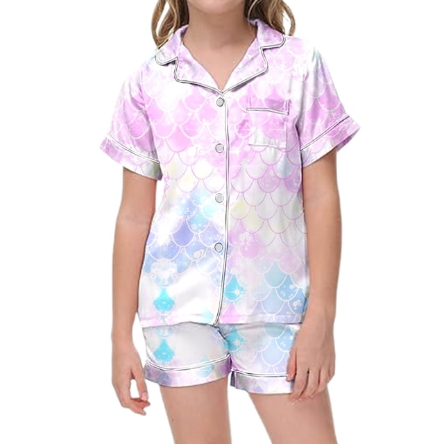 Girls Sleepwear & Robes - Children's Fashion Printed Button Down Lapel Short Sleeved Top Shorts Pajamas Set