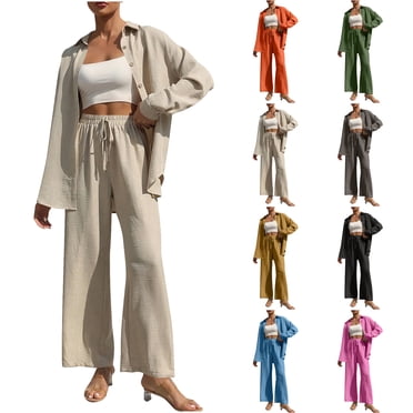 VOAVEKE Two Piece Sets for Women,Plus Size Fashion,Womens 2 Pieces Outfit Loungewear Sets Linen Loose Cardigan Wide Leg High Waist Pants Casual Suits Beige 2XL
