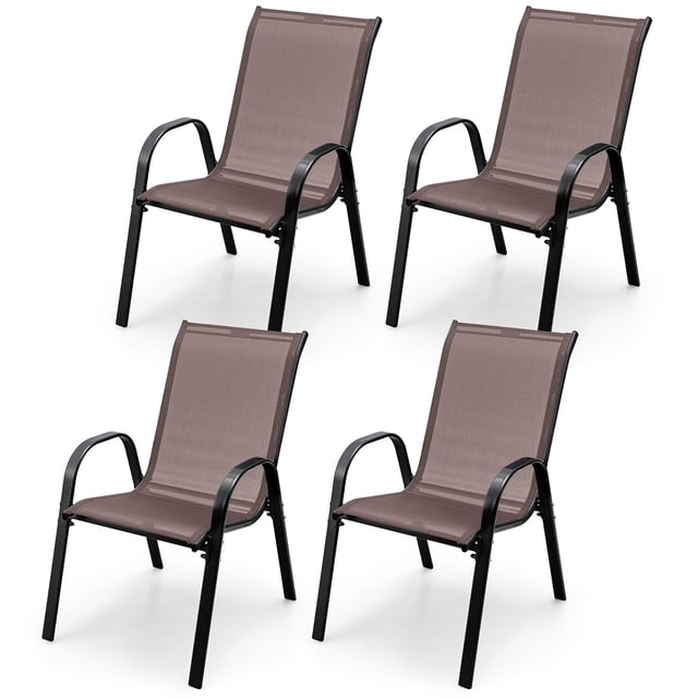 Gymax 4PCS Patio Stacking Dining Chairs w/ Curved Armrests & Breathable Seat Fabric Brown