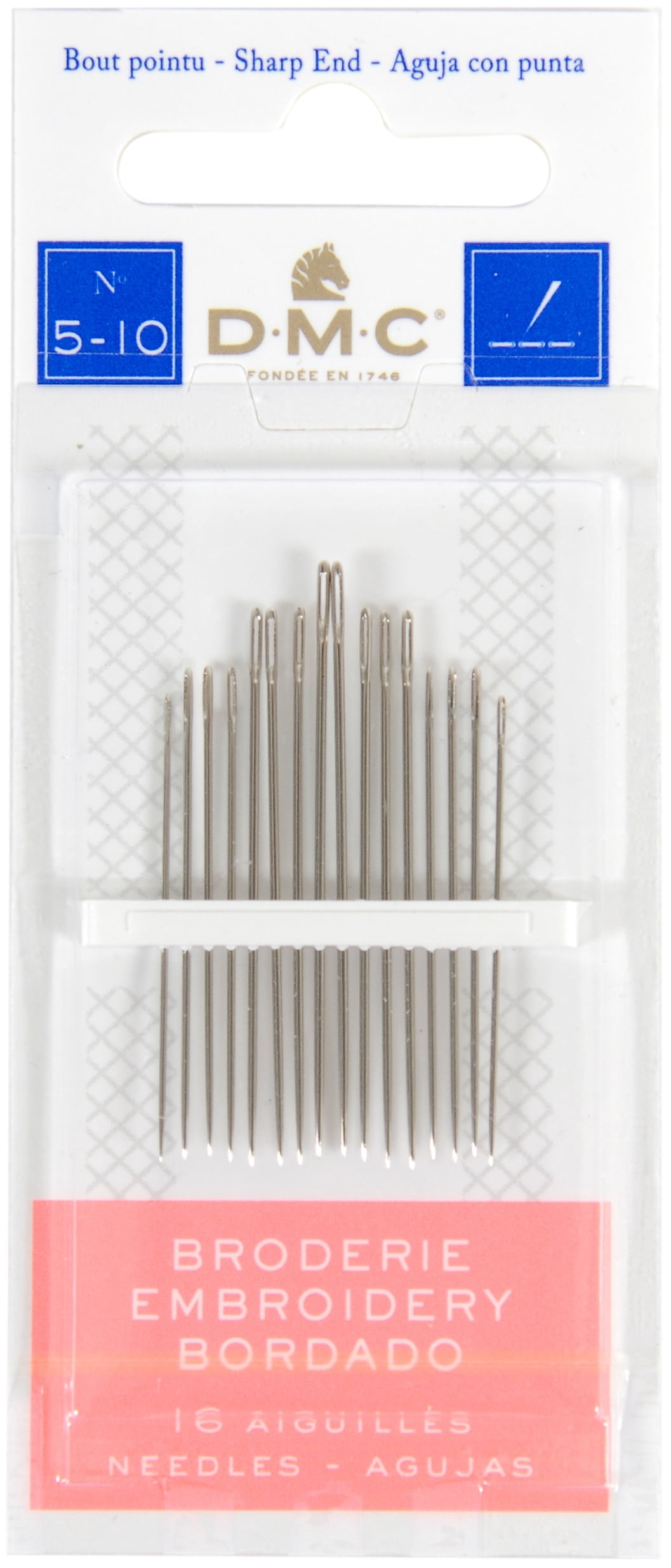 DMC acier nickelé Embroidery aiguilles tailles 5-10, paquet de 16