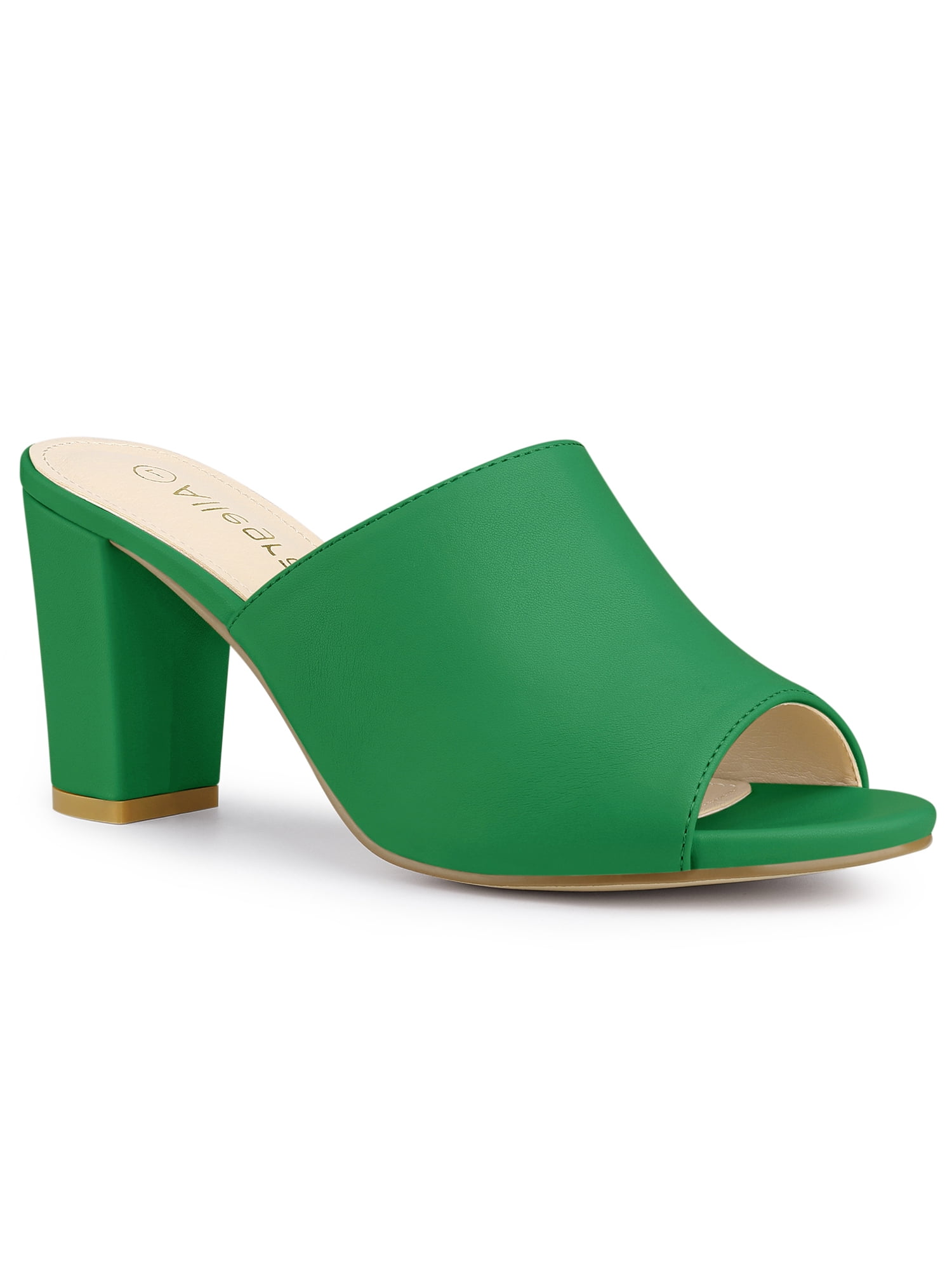 BLISSFUL STEP Women's Slip on Block Heel Slide Sandals Mules Green 5.5