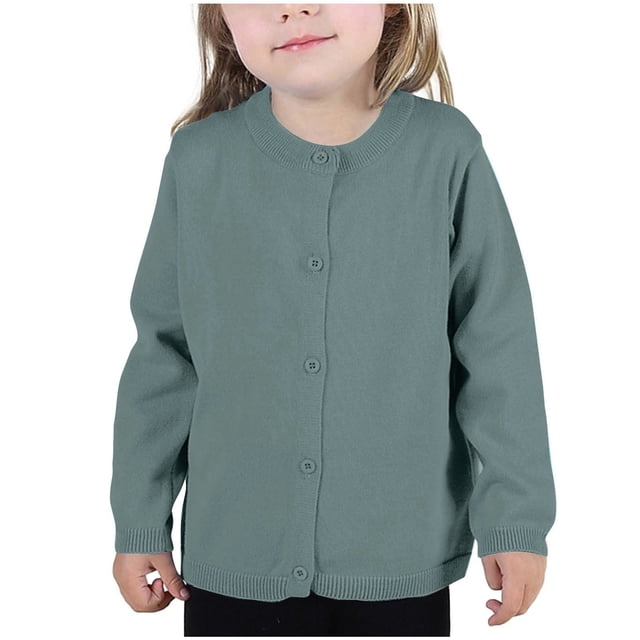 Fall Saving! HVOBTTY Girls Long Sleeve Open Front Cardigan, Girls Crewneck Cardigan Solid Long Sleeve Button Sweater Uniform Sweaters for Little Girls Blue, 3 Years