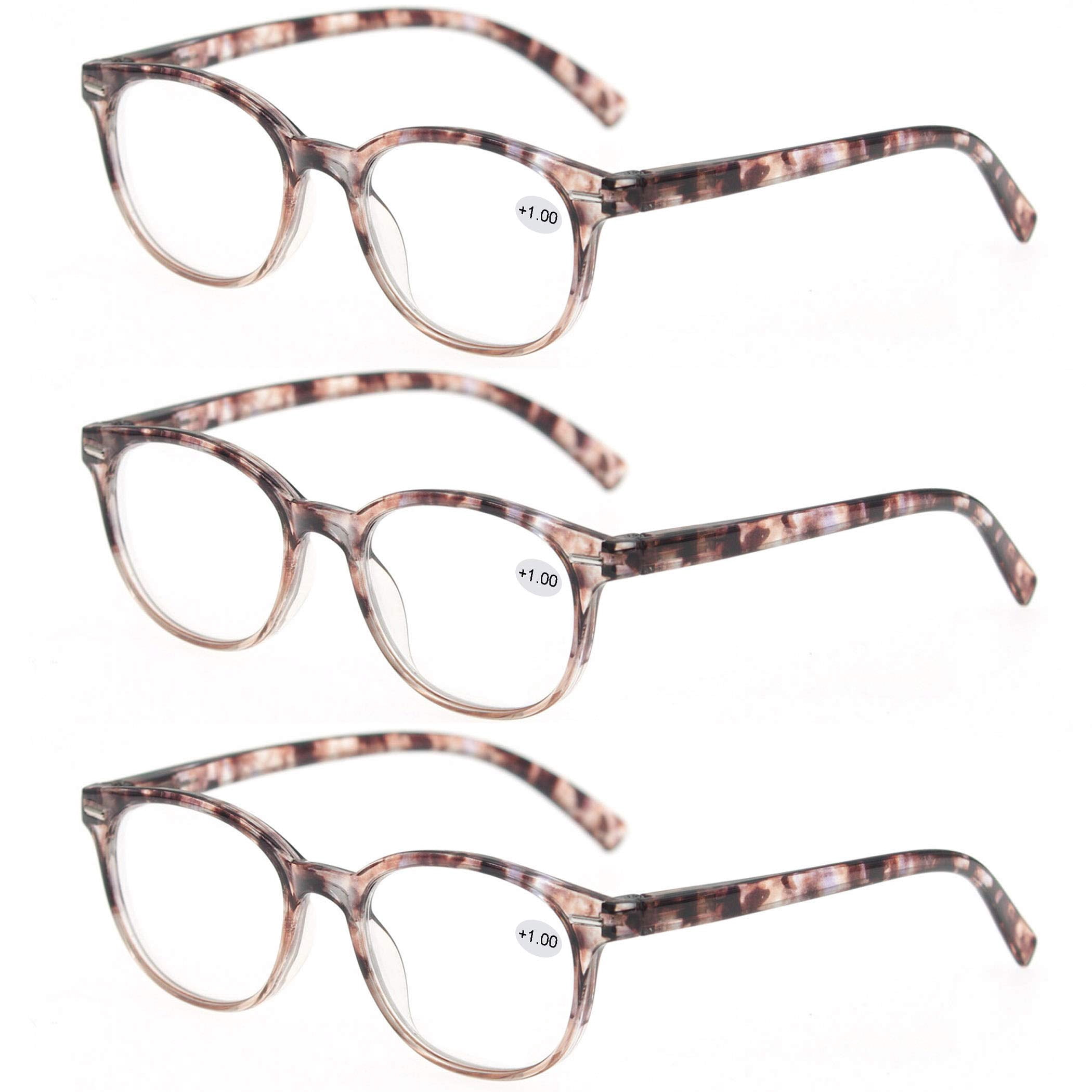 MODFANS Round Stylish Reading Glasses 3 Pair with Spring Hinge Fashion Glasses for Reading for Men and Women +1.00