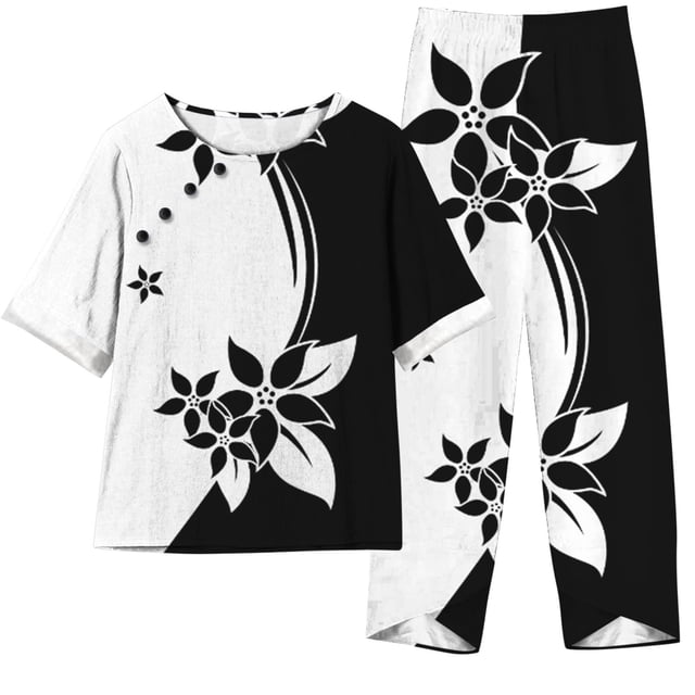 Mikilon Ensemble Élégant pour Femmes 2 Pcs Imprimé Manches 5/10 Col Rond + Pantalon Décontracté Ensemble Chic et Confortable Manches Courtes Col Rond Blanc TP