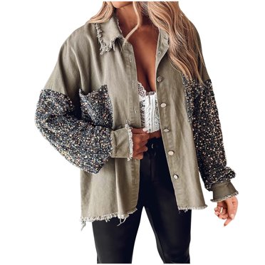 WRKEKC Sequin Blouse Sparkle Shirt Long Sleeve Notched Lapel with Front Pocket Glittery Top for Evening Party Holiday Wear Coffee XXL
