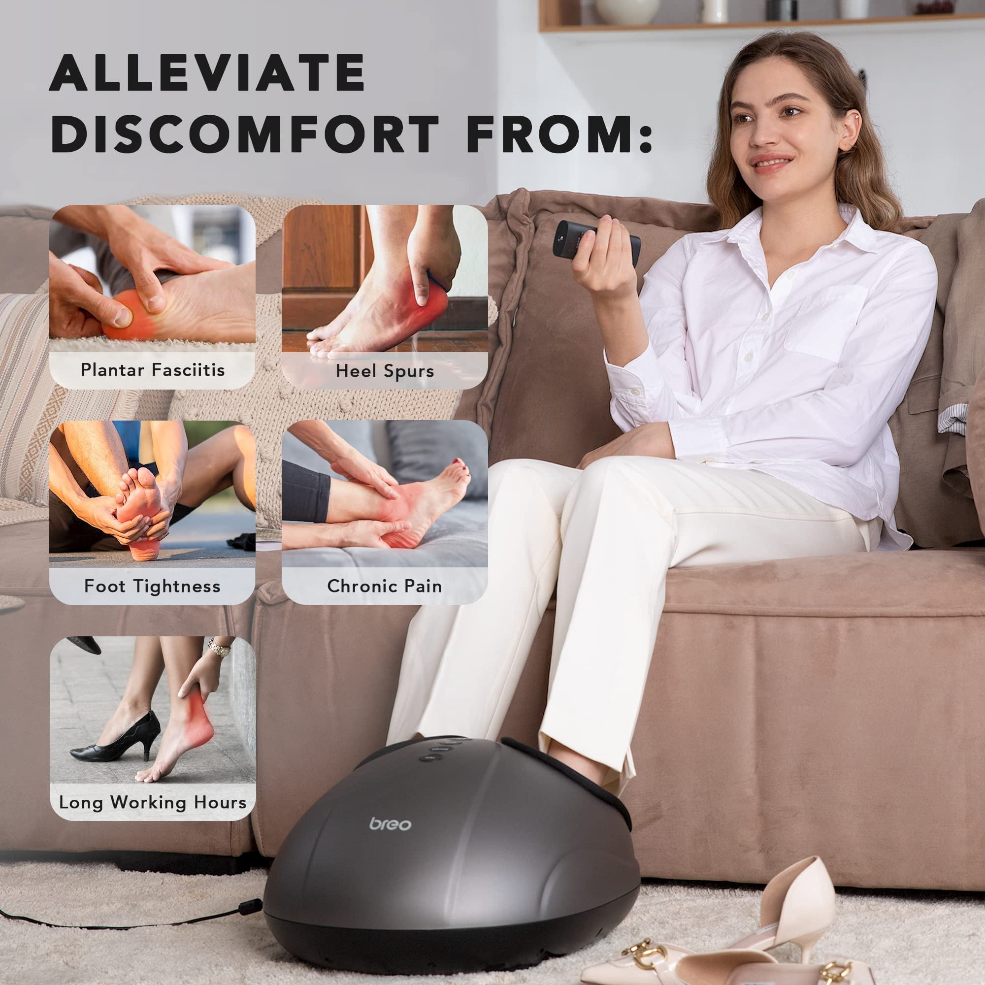Refurbished Breo Foot Massager with Heat, Shiatsu Deep Tissue Kneading and Rolling Massage, Adjustable Compression, Fits Feet up to Men Size 12