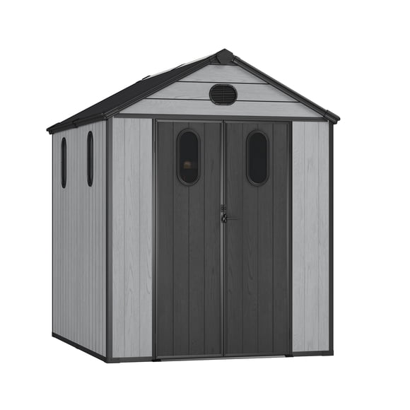 Aoodor Remise de Rangement Extérieure en Résine 6 x 7,5 Pi avec Fenêtres, Évents en Maille et Porte Verrouillable, Rangement d'Outils en Plastique Robuste pour Jardin, Cour Arrière et Patio
