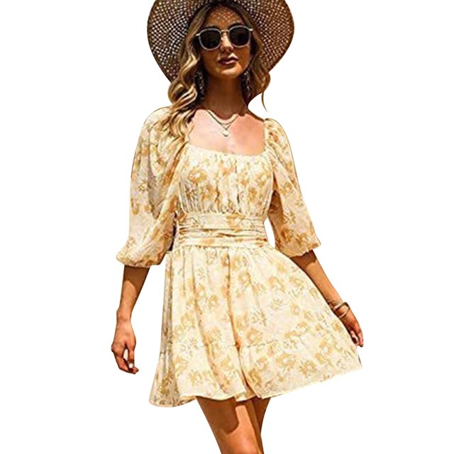Women's Lantern Sleeve Tie Back Summer Dress Ruffled Off Shoulder A-Line Vintage Mini Dress