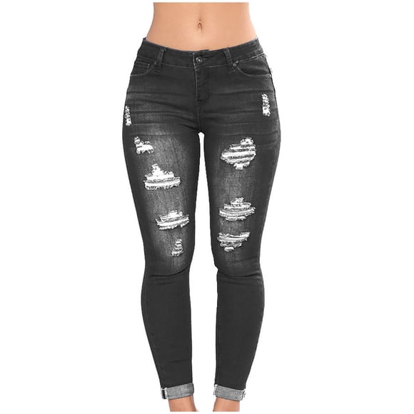 Bigersell Skinny Jeans Women Distressed Ripped Boyfriend Jeans Destroyed Hole Slim-Leg Denim Pants Button Closure Mid Waist Ankle Jeans with Pockets Black L