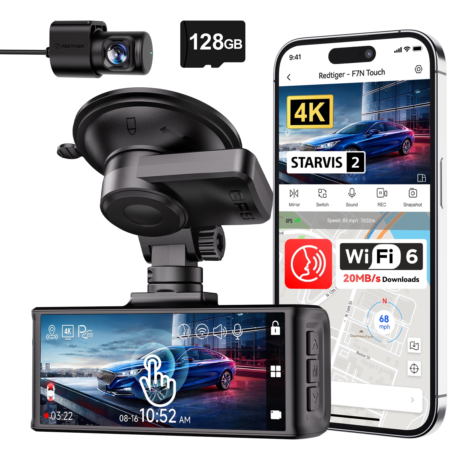 REDTIGER Dash Cam Front and Rear, Touch Screen Dash Camera with 5.8G Wifi GPS, 4K DashCam with Super Night Vision, WDR, USB C Port, Free 128GB Card