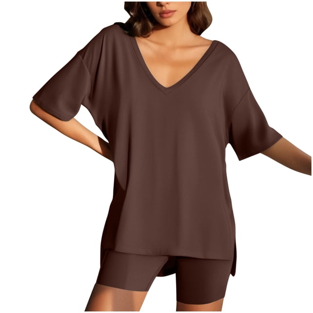 UPPADA Ensembles 2 Pcs pour Femmes Grande Taille Été Tuniques à Manches Courtes et Ensembles de Shorts Amples Ensembles de Pyjamas Ajustés Café,S