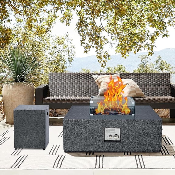 OUYAWEI Table de Foyer de 36 Pouces, Chauffage de Patio Extérieur de 50 000 BTU avec Pare-Vent et Housse, Table de Salle à Manger Convertible pour Terrasse, Cour Arrière, Jardin, Résistant au Vent et Allumage Automatique, Noir Argent