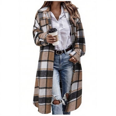 HAiming Womens Plaid Long Shirt Jacket Fleece Casual Lapel Collar Button down Coats Fall Winter Fashion Outerwear