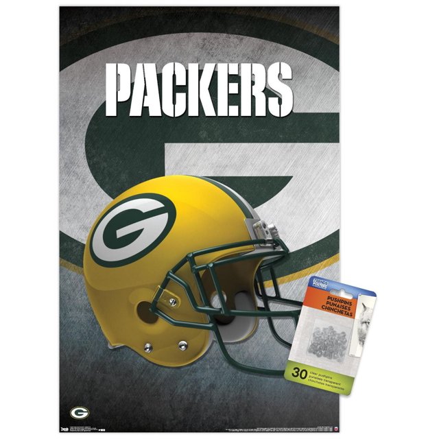 NFL Green Bay Packers - Affiche Murale de Casque 16, 22,375 Po x 34 Po Encadrée Montrant un Casque de football Jaune avec un Masque Vert et le logo « g » des Packers sur le Côté, sur Fond Texturé avec un Grand Emblème des Packers Délavé et le Mot « Packers » en Lettres Blanches Audacieuses au-Dessus, Idéal pour Décorer les Chambres, les Bureaux Ou les Salles de Fans et Souvent Utilisé pour Rehausser le décor Mural à Thème Sportif.