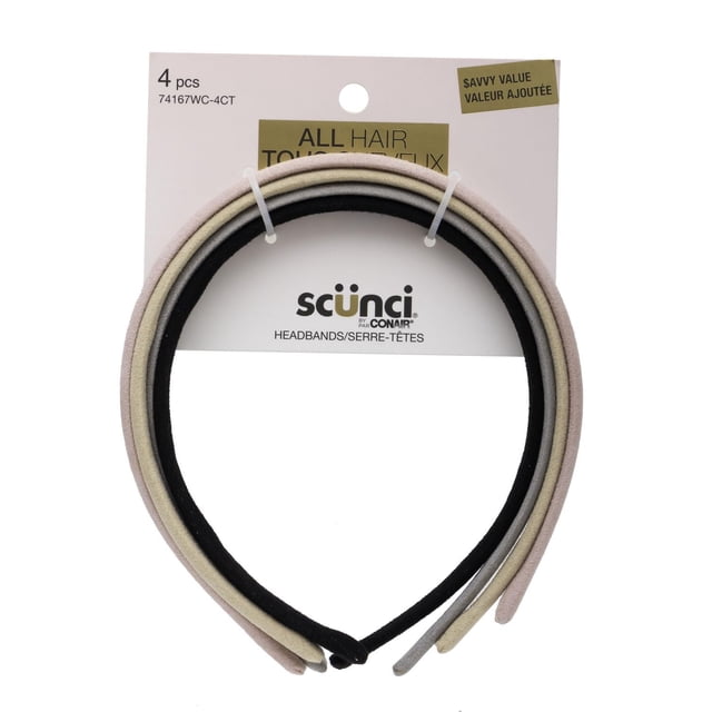 Scunci 4 pack suede headbands in neutral black, tan, ivory, and light brown on white branded card, thin and lightweight for comfortable all-day wear, suitable for all hair types and textures.