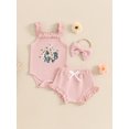 thumbnail image 4 of FOCUSNORM Baby Girl Summer Outfits Waffle Flower Embroidered Sleeveless Romper Ruffles Shorts Headband 3Pcs Clothes Set, 4 of 9