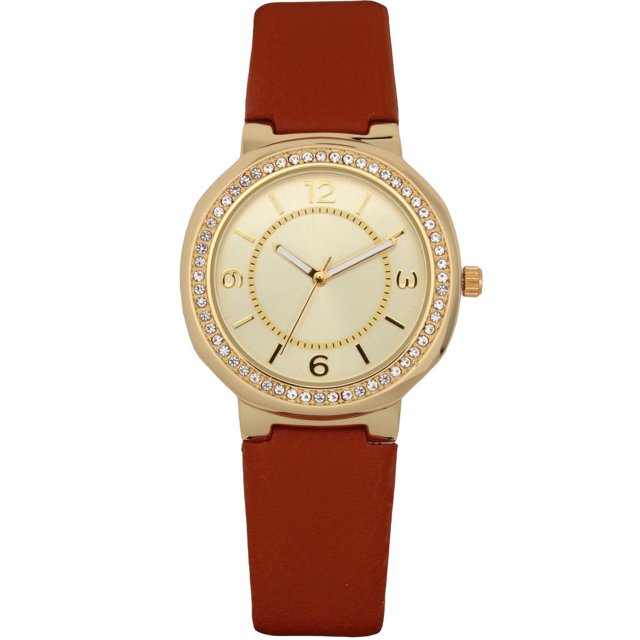 Montre Femme Élégante – Boîtier Doré & Strass / Bracelet Marron