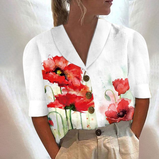 Hauts à Manches Courtes Grande Taille pour Femmes, Col Décontracté, Boutons, Fleur Vintage, Manches Courtes Régulières, T-Shirt Col en V pour Femmes en Solde