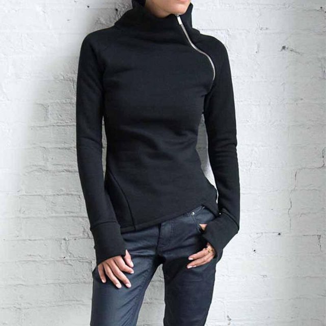 pxiakgy blouses pour Femmes blouse Décontractée Unie à Manches Longues Chandail Col Roulé Chandail à Fermeture Éclair Noir + us:18