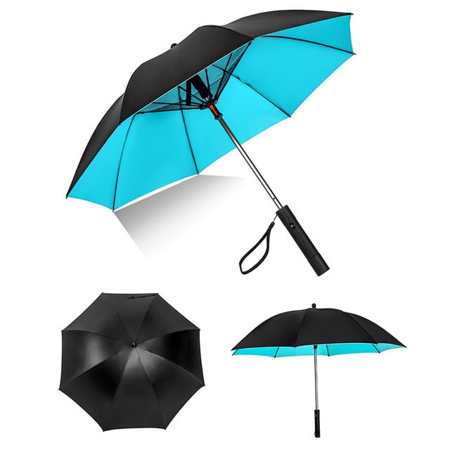 62 Inch 2600mAh USB Rechargeable Fan Umbrella, Windproof UV Protection Double Canopy Golf Umbrella with Portable Cooling Fan for Outdoor Activities