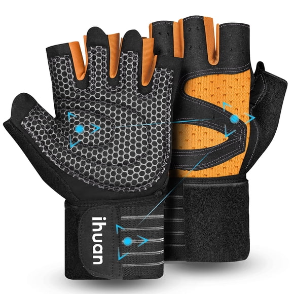 ihuan Ventilated Weight Lifting Gym Workout Gloves with Wrist Wrap Support for Men & Women Full Palm Protection for Weightlifting Training Fitness Hanging Pull ups (Orange L)