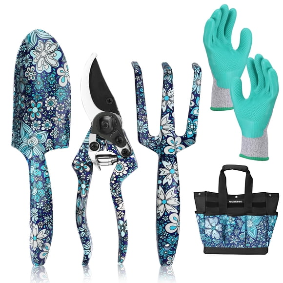 WORKPRO 5PCS Garden Tool Set Aluminum Heavy Duty Gardening Tool Set with Garden Tool Bag Outdoor Garden Hand Tools Floral Blue