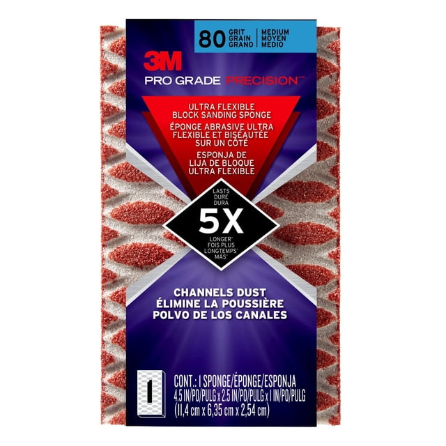 Éponge de Ponçage à Blocs Ultra Flexible de Précision Pro Grade 3 m avec surface Moyennement abrasive à 80 Grains, Canaux à Motif Rouge et Blanc, Éliminant la Poussière pour un Ponçage Plus Propre, Mesurant 4,5 par 2,5 par 1 Pouce (11,4 x 6,35 x 2,54 cm), Idéale pour les Blocs de Ponçage à la Main et le Ponçage de contour Détaillé.